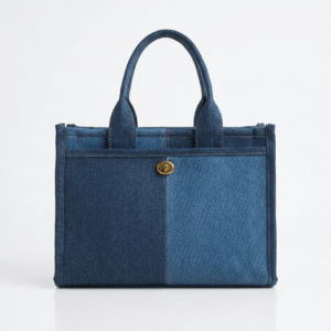 Front view of an upcycled denim tote bag