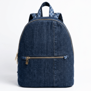Front view of an upcycled denim backpack