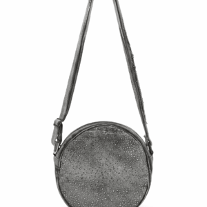 Front view of an upcycled denim round bag
