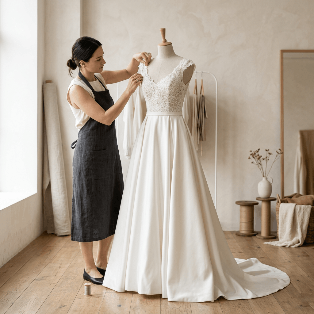 Seamstress adjusting a wedding dress